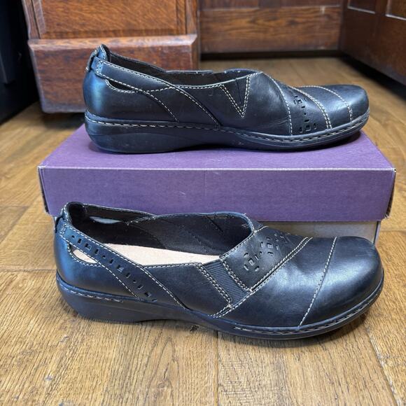 Clarks Shoes - Clarks Womens Evianna Mix Slip On Loafers Black Leather Shoes Size 10 N